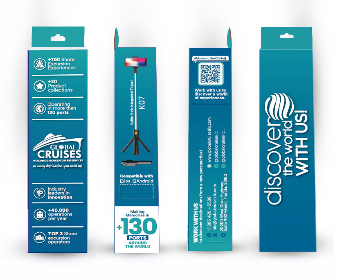 Empaque promocional para Selfie Stick – Global Cruises: Diseño funcional y atractivo para obsequios corporativos en ferias y stands turísticos.