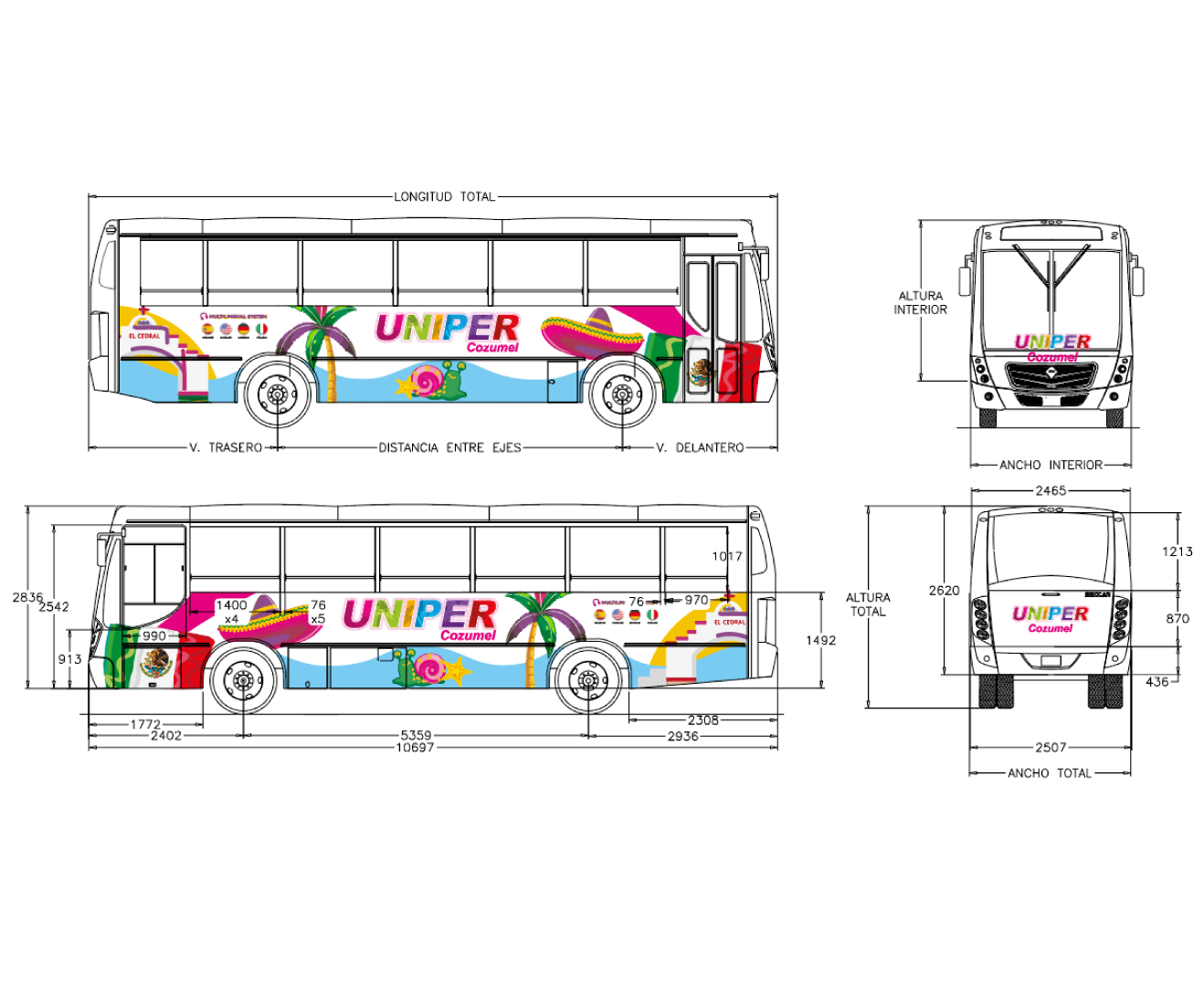 Branding en transporte turístico – Cozumel, México: Diseño e implementación gráfica en autobuses para reforzar visibilidad y posicionamiento de la marca.