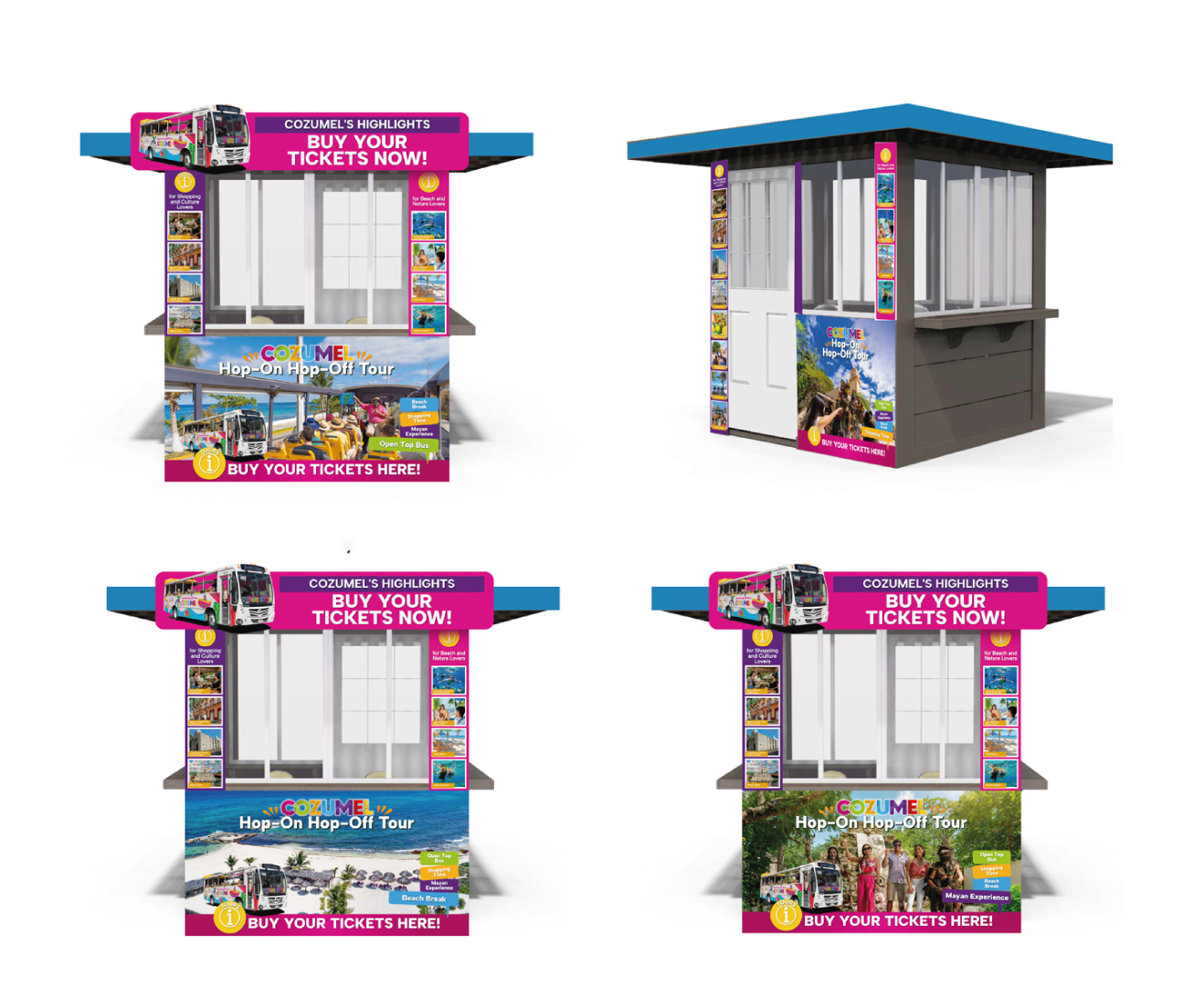Stand promocional 2x2 para OpenTopBus Cozumel: Diseño estratégico en terminal de cruceros para impulsar ventas y captar más turistas.